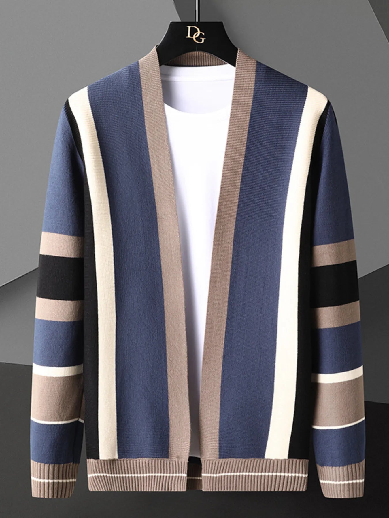 Men's Plus Size Striped Open Front Knit Cardigan