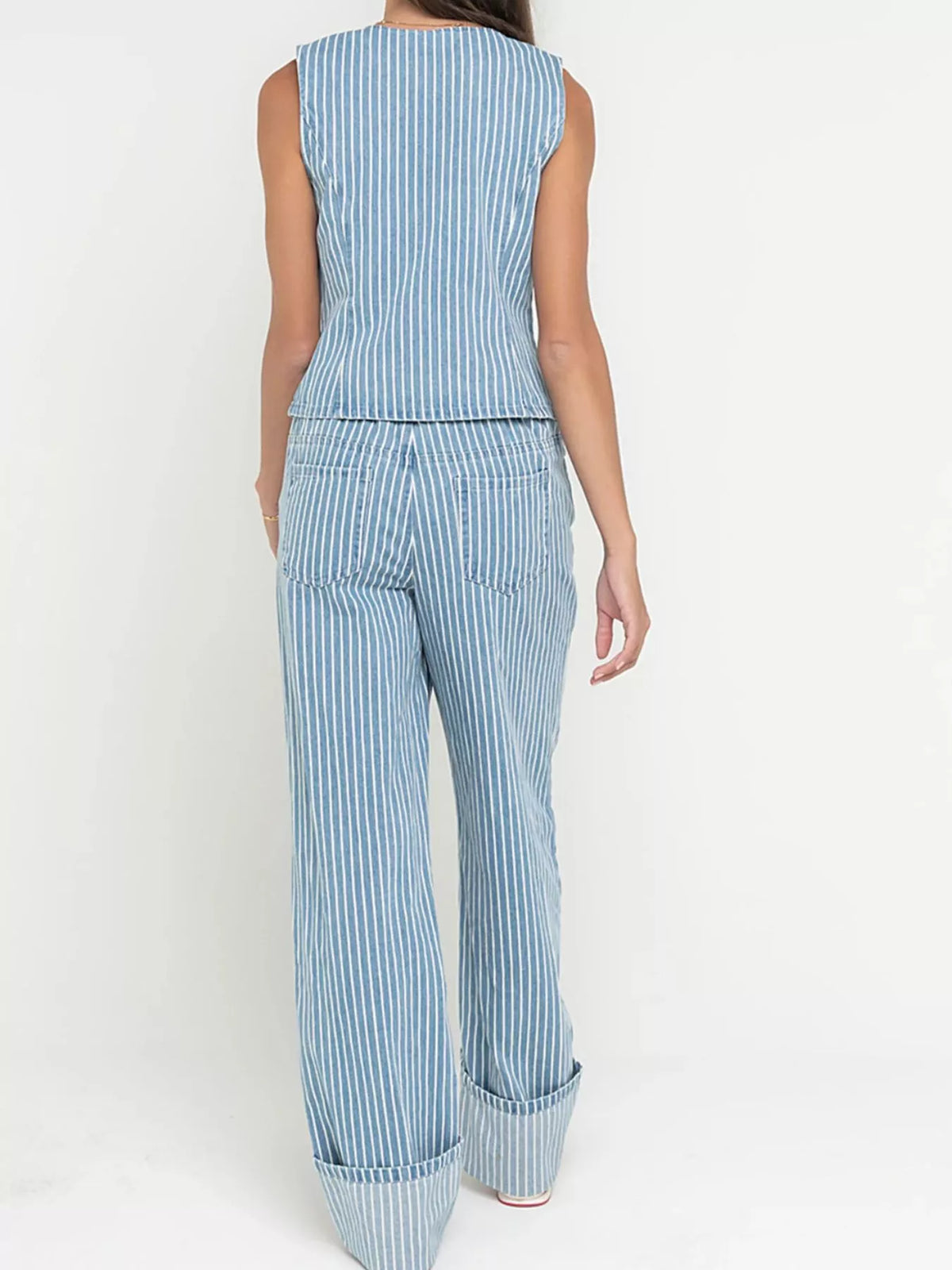 Striped Button Up Sleeveless Top and Jeans Denim Set