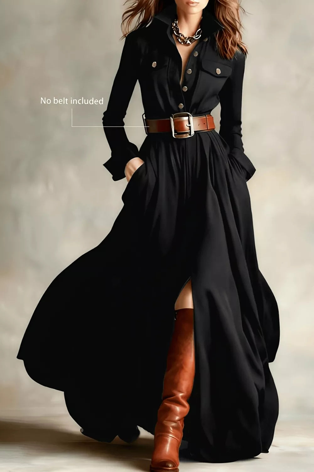 Slit Long Sleeve Maxi Shirt Dress