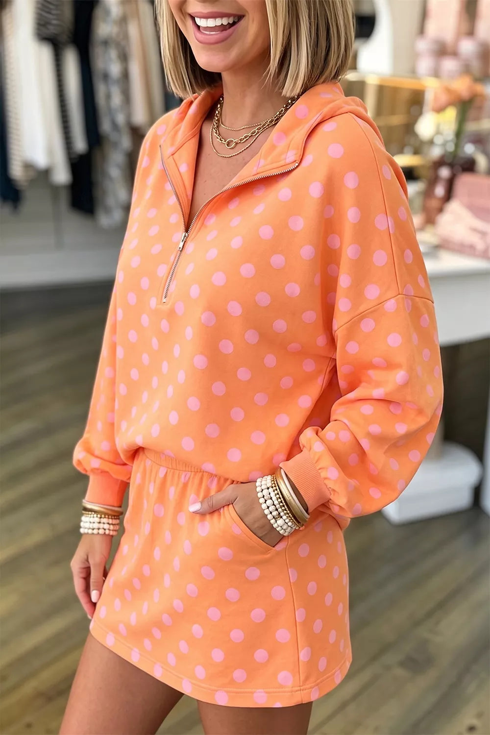 Polka Dot Quarter-Zip Hoodie and Skirt Set
