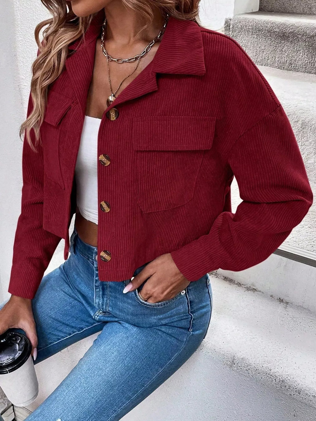 Cropped Corduroy Button-Down Jacket