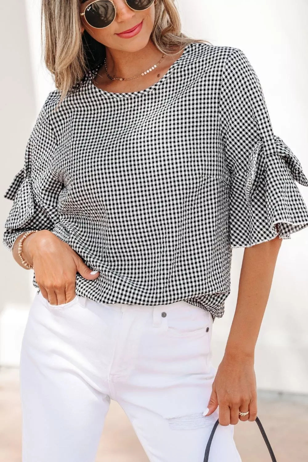 Gingham Bow Half Sleeve Blouse