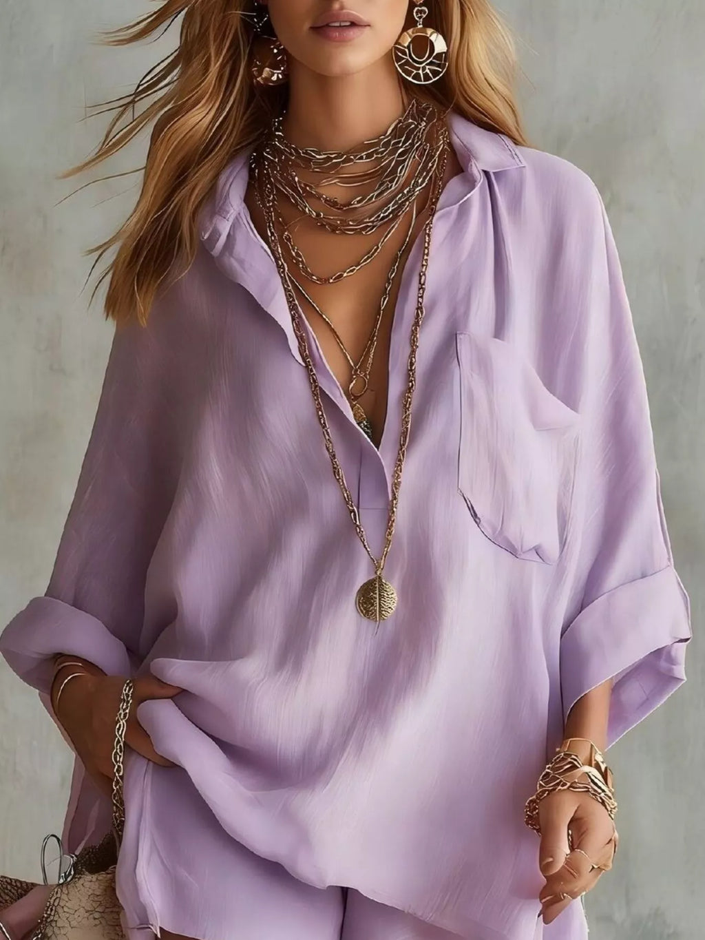 Full Size Half Button Shirt and Shorts Two-Piece Set Plus Size