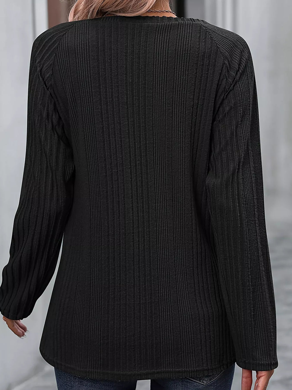 Ribbed Long Sleeve T-Shirt with Button Detail