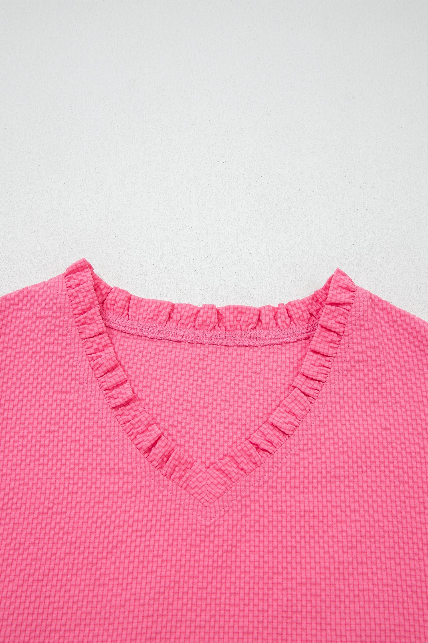 Sachet Pink Frilled V Neck Flower Embroidered Puff Sleeve Textured Blouse