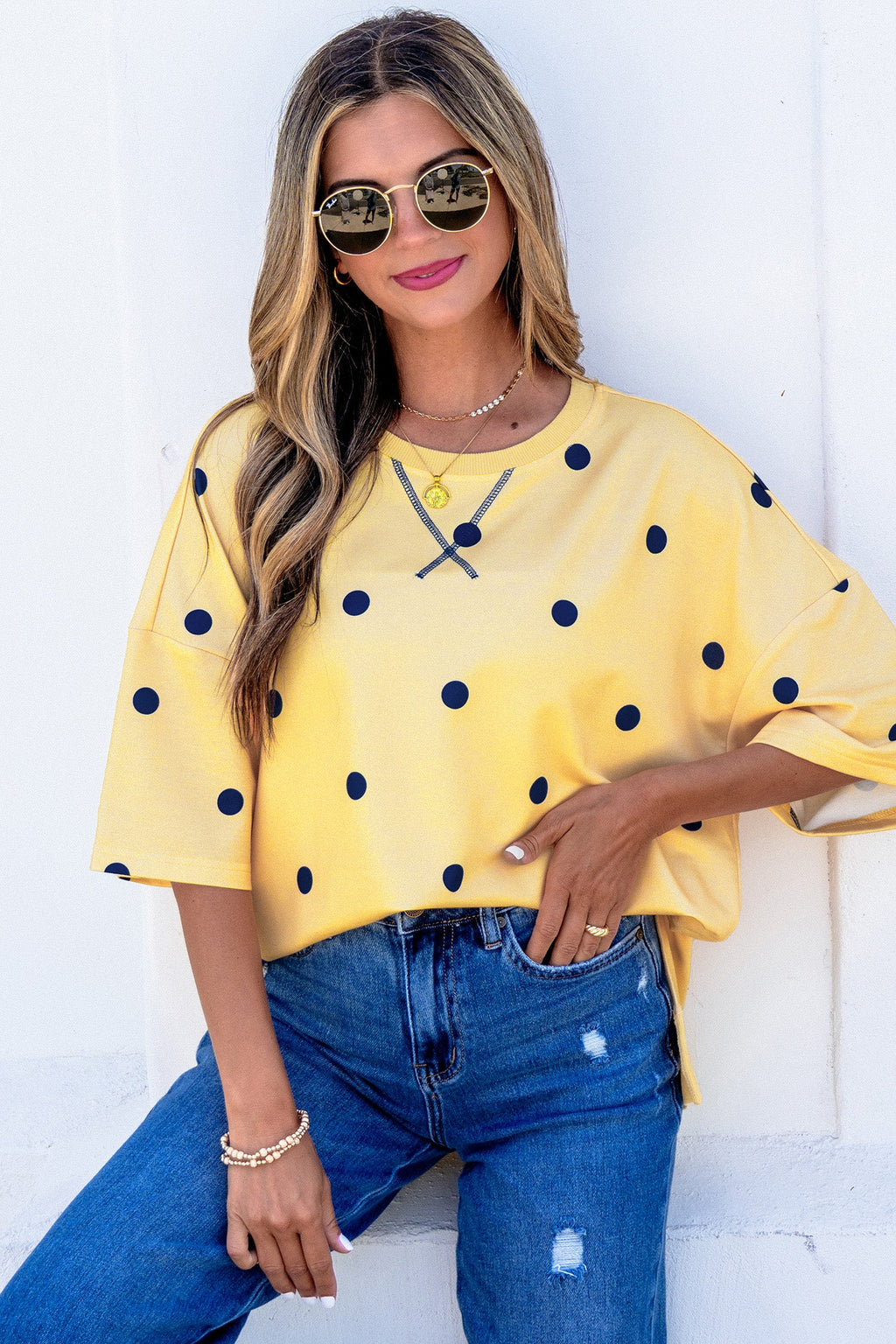 Sky Blue Polka Dot Print Crossed Seam Detail Oversize Tee