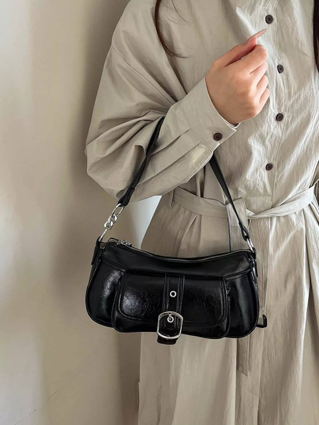 Buckle Detail Faux Leather Crossbody Bag