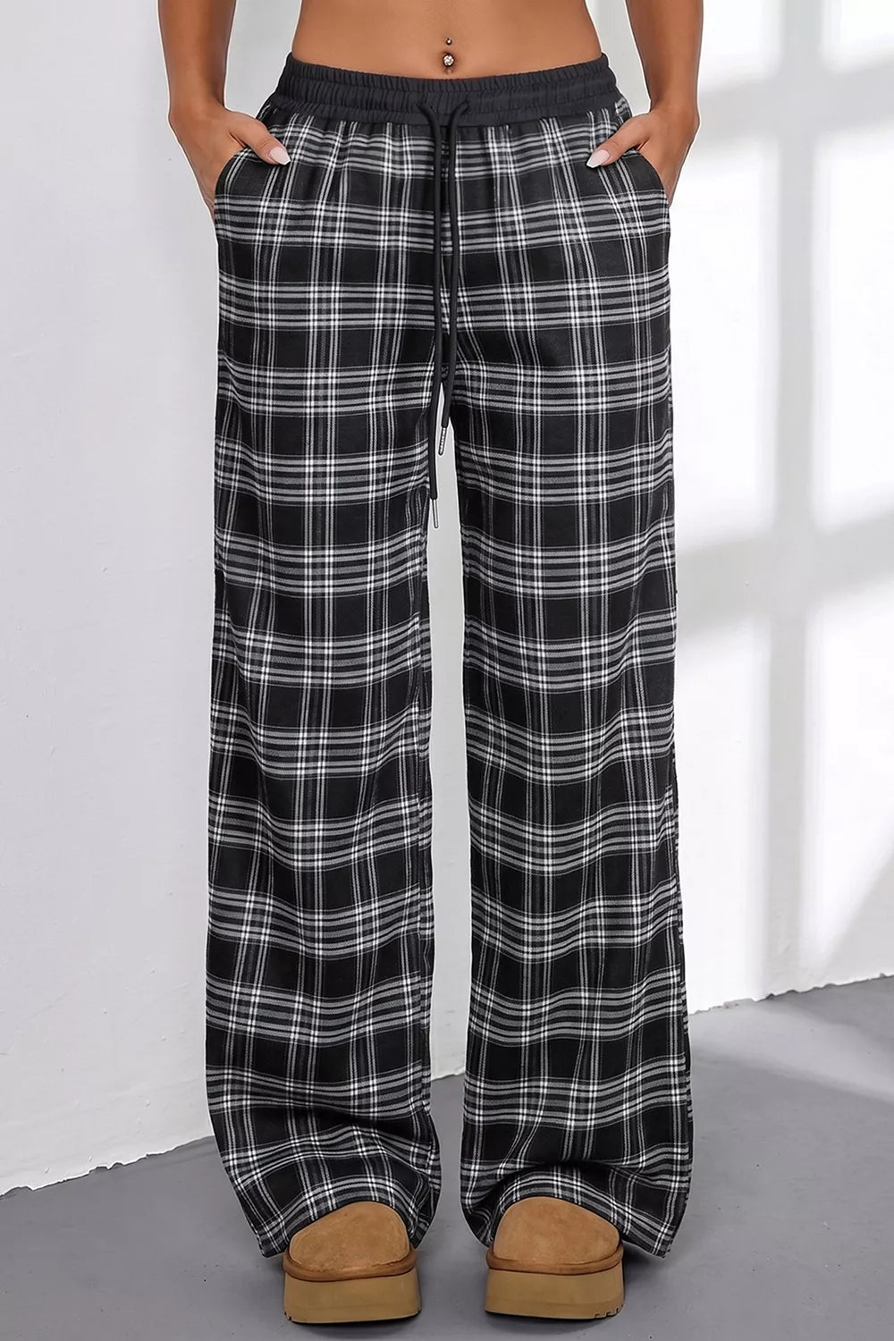 Plaid Wide-Leg Drawstring Pants