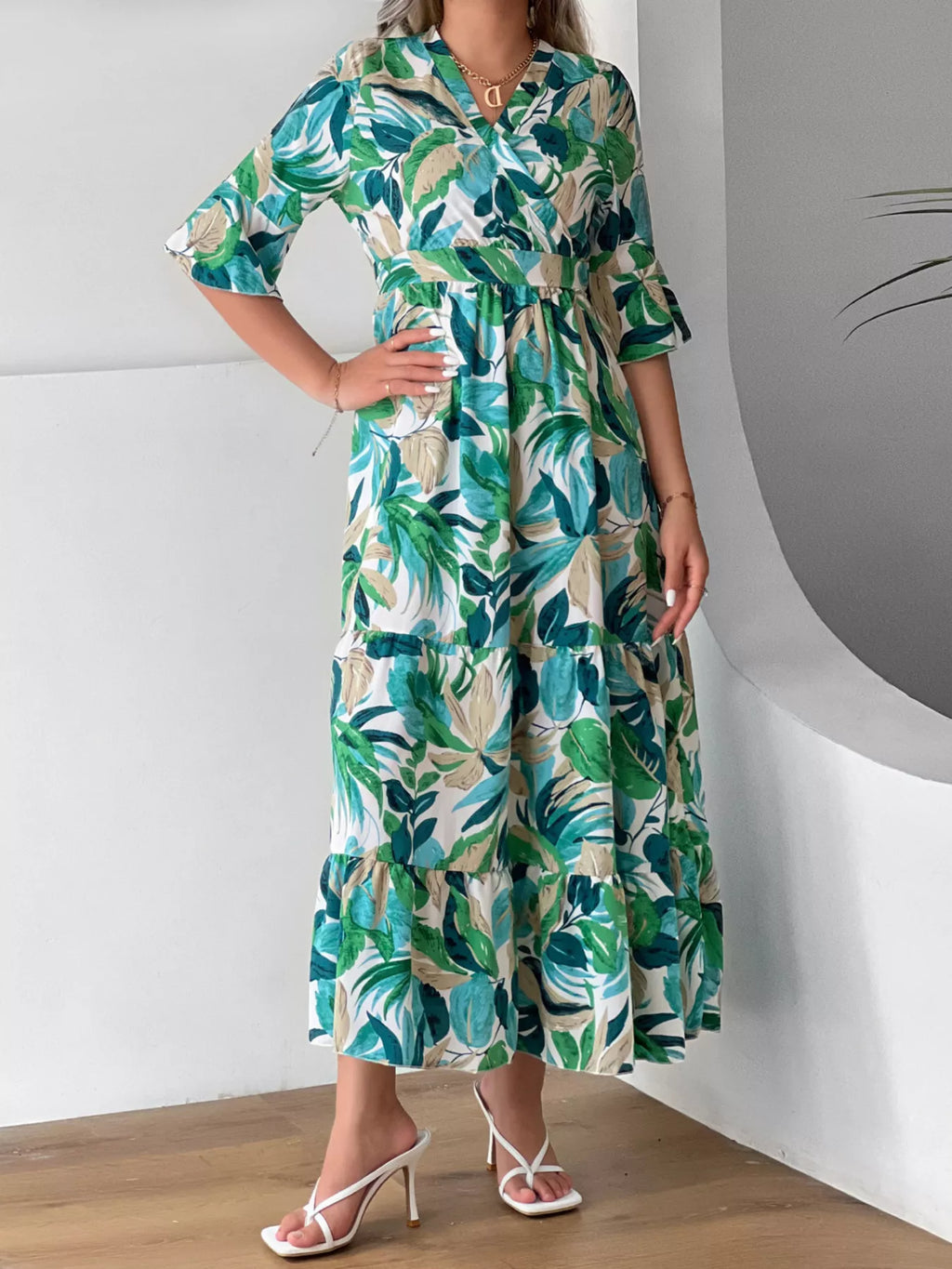 Tropical Leaf Print Half Sleeve Midi Dress