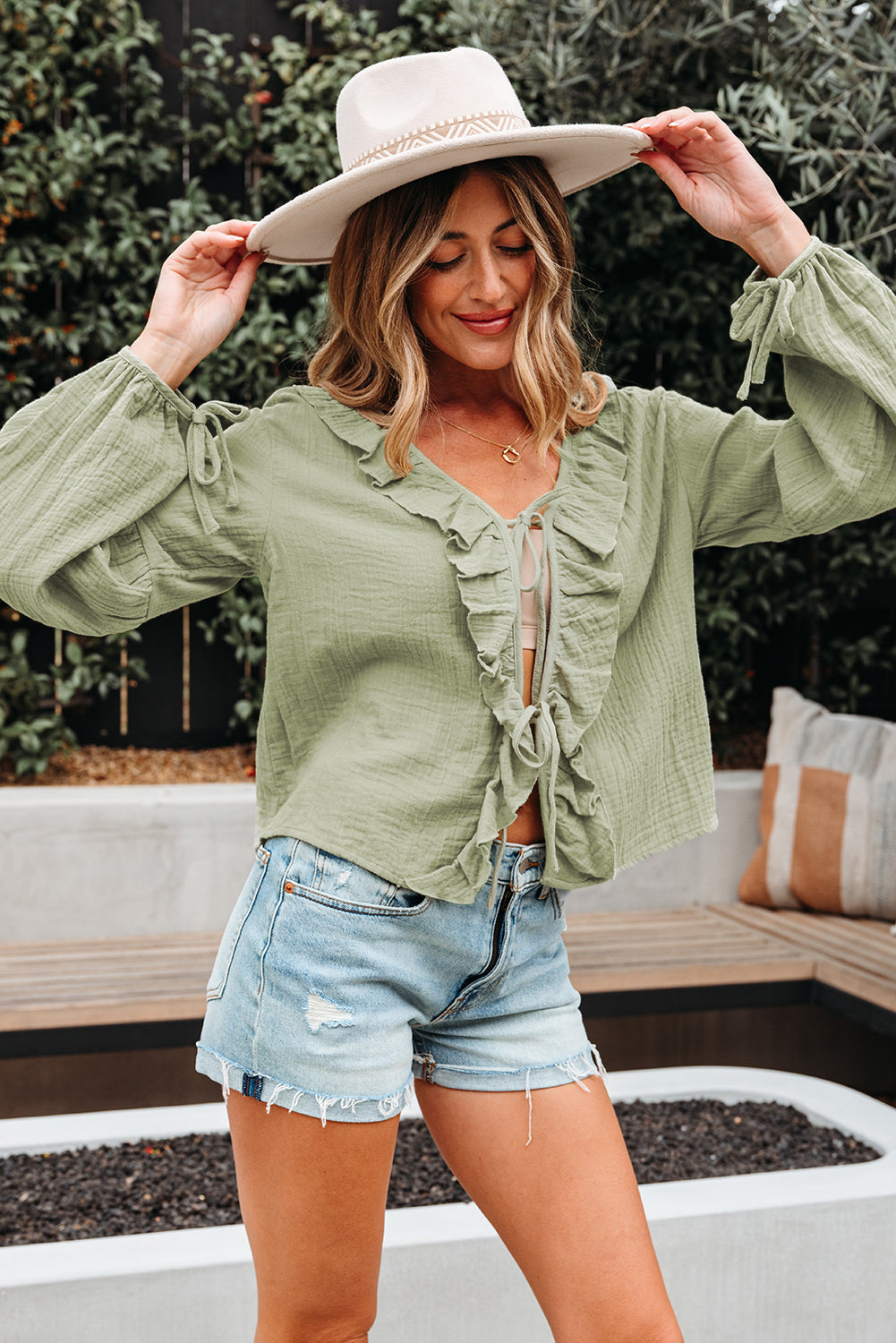 Solid Tie Front V-Neck Ruffle Trim Blouse