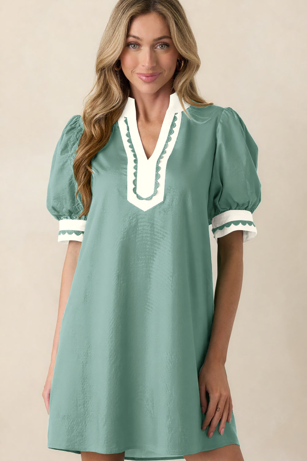 Canton Scallop Color Block Trim Puff Sleeve Mini Dress