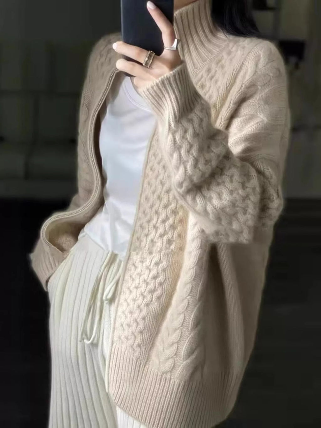 Full Size Cable-Knit Zip-Up Cardigan Plus Size