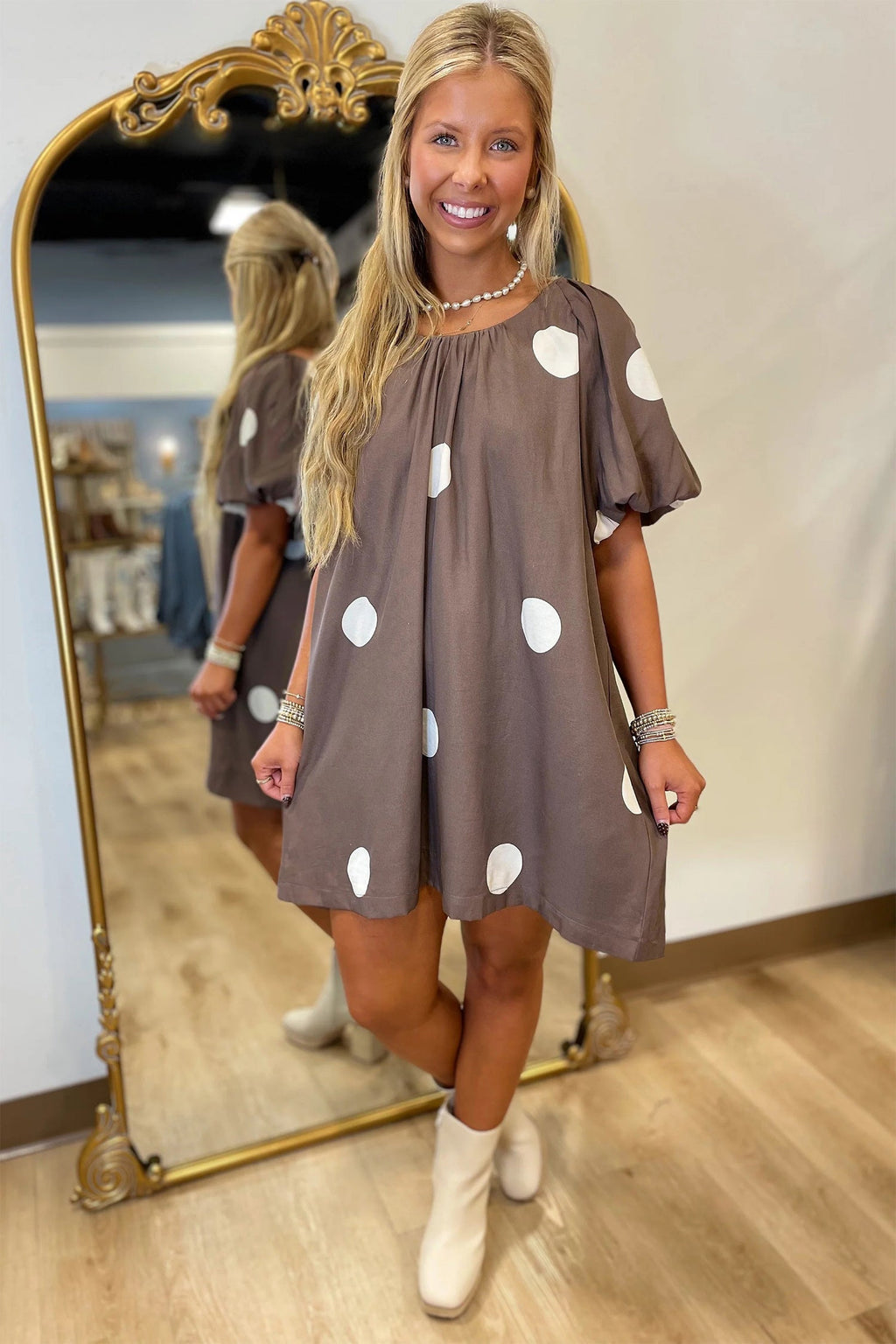 Brown Polka Dot Print Knot Back Short Puff Sleeve Loose Mini Dress