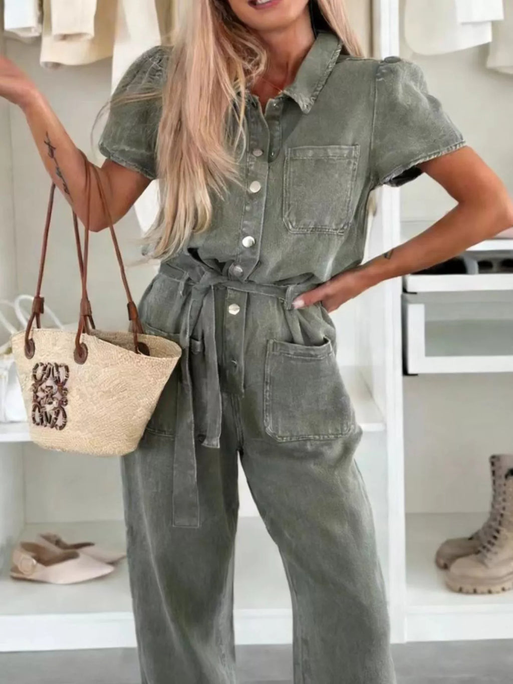 Vintage Wash Short Sleeve Denim Jumpsuit
