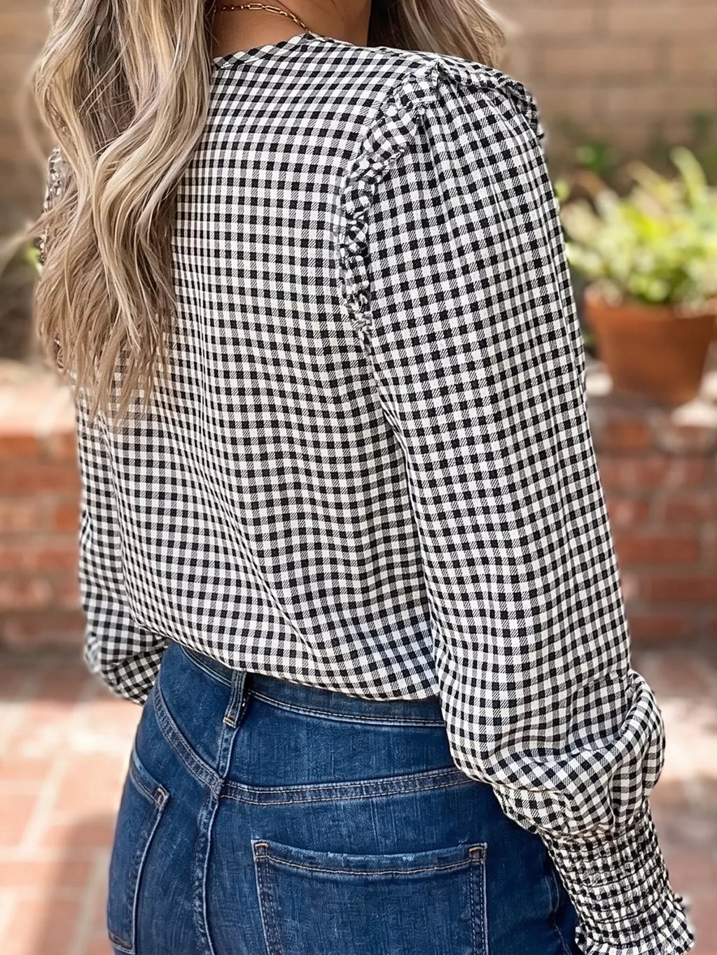 Plaid Shirred Cuff Long Sleeve Round Neck Blouse