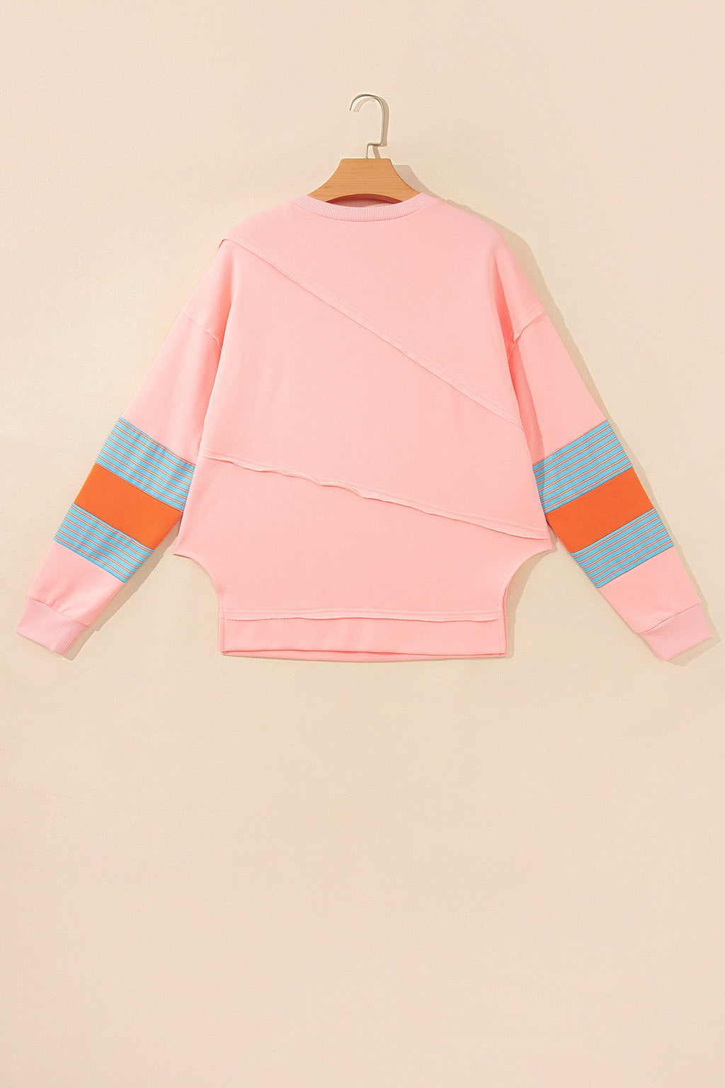 Pink Colorblock Striped Patchwork Long Sleeve Round Neck Blouse