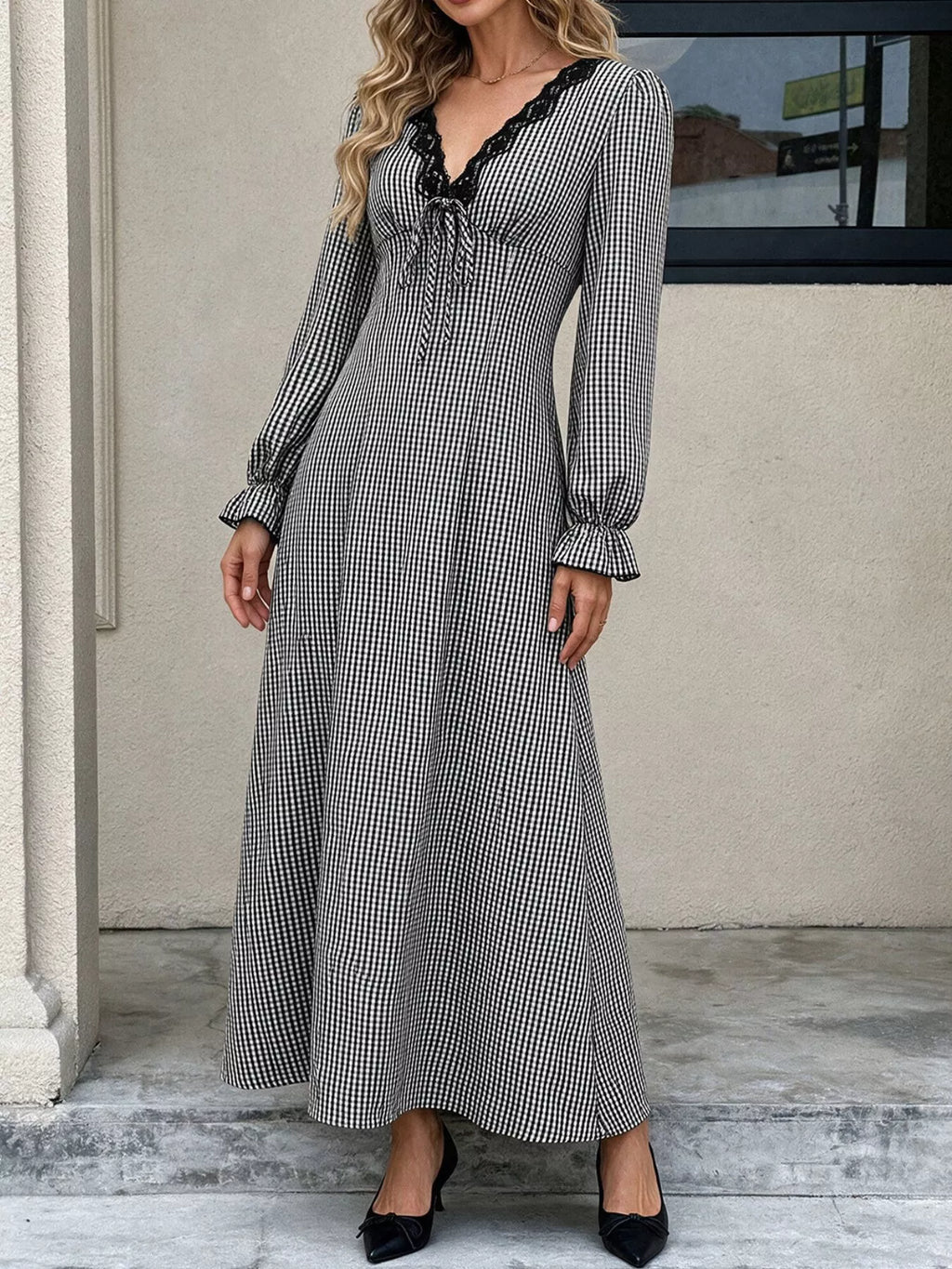 Gingham Lace-Trim V-Neck Long Sleeve A-Line Maxi Dress