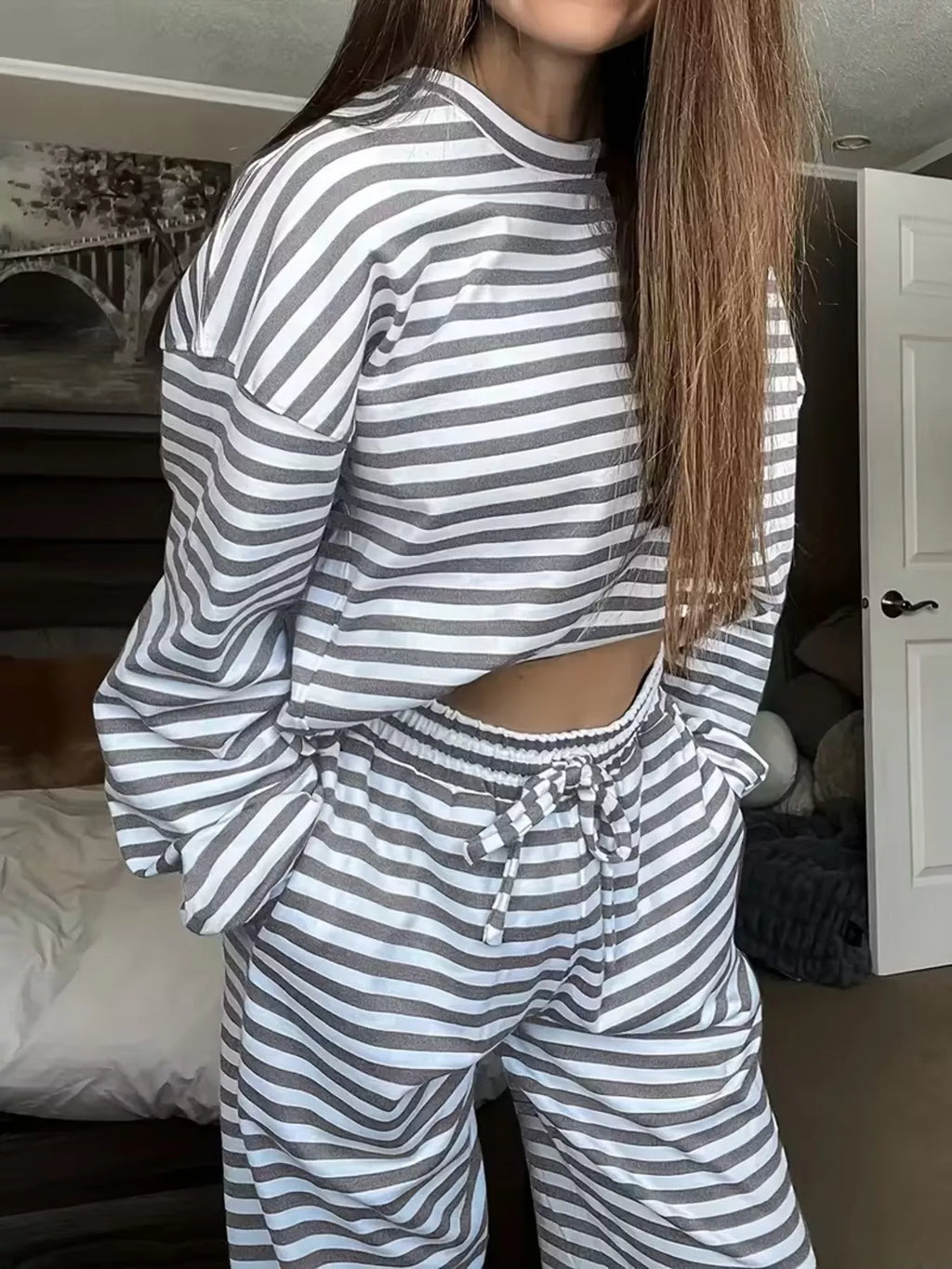 Striped Dropped Shoulder Top and Pants Set