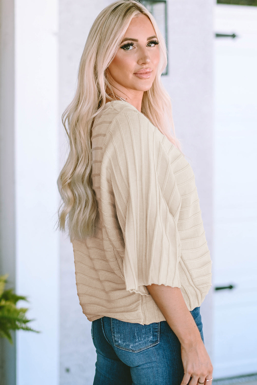 Ribbed Knit Reverse Seam 3/4 Sleeve Sweater