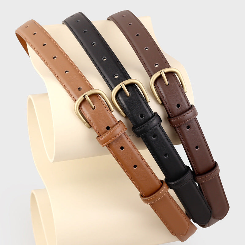 Skinny Leather Belt with Golden Buckle