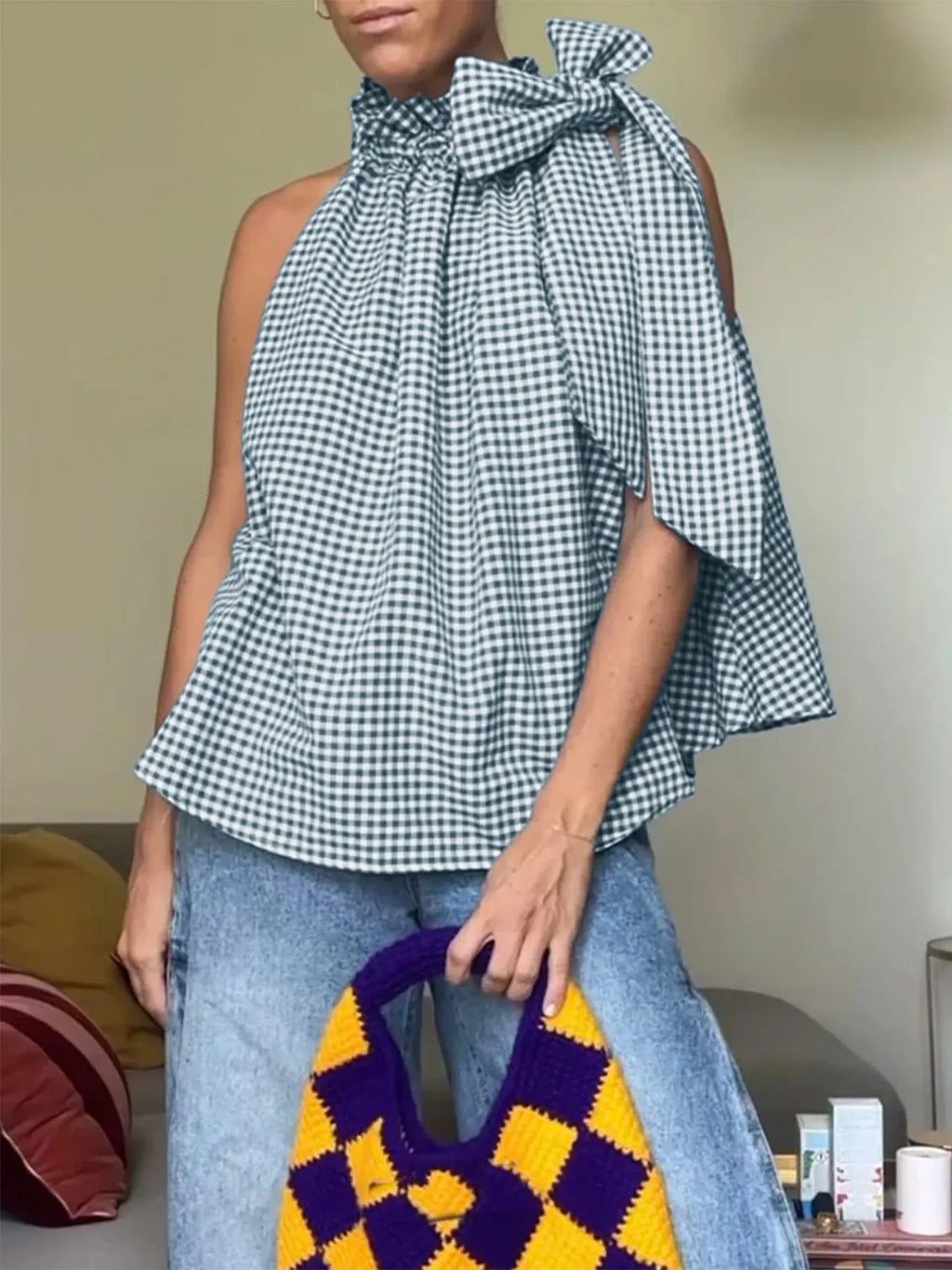 Asymmetric Gingham Bow Tie Sleeveless Top