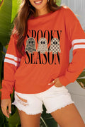 Spooky Season Ghost Graphic Varsity Striped Sleeve Halloween Pullover Sweatshirt