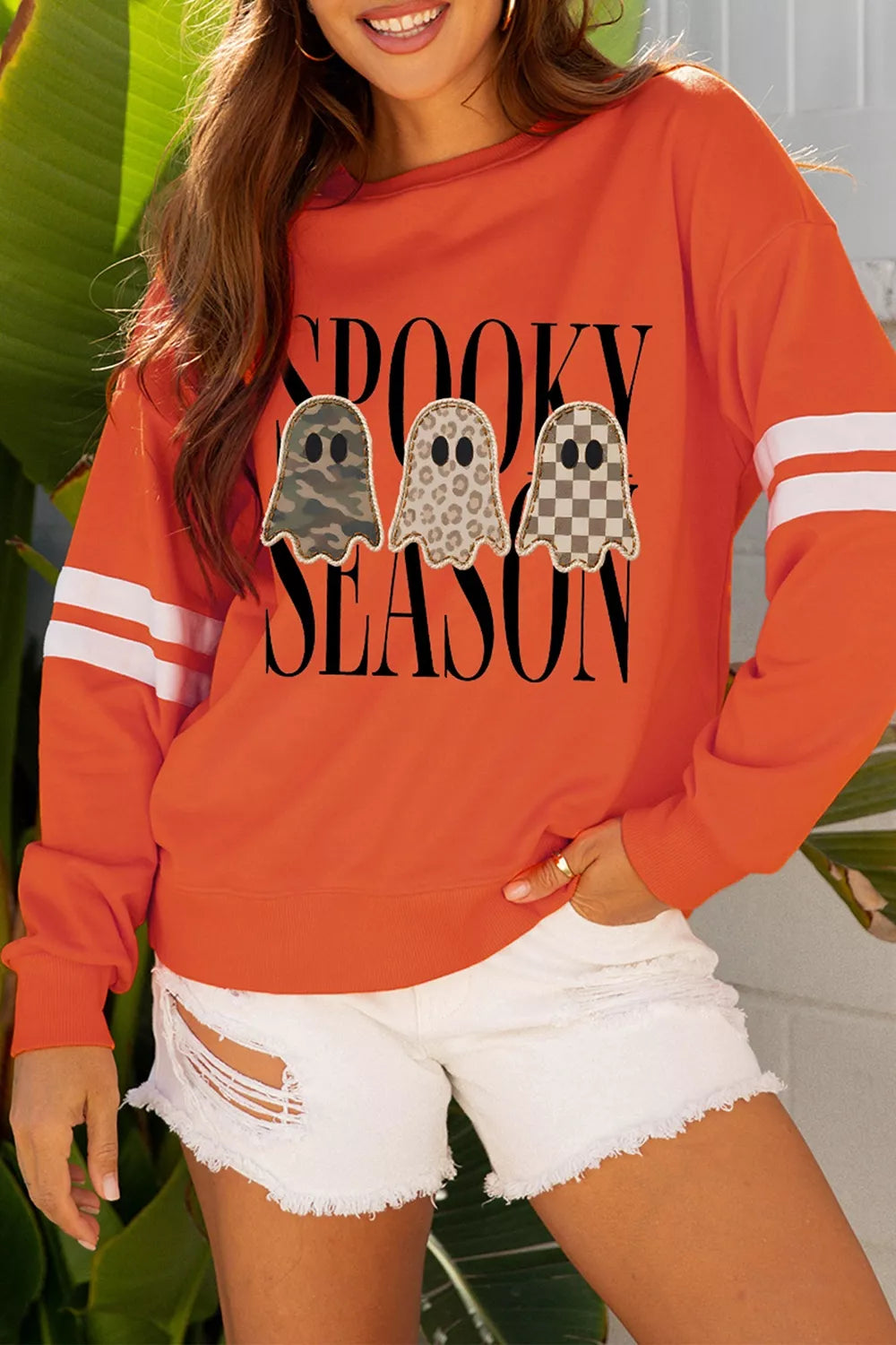 Spooky Season Ghost Graphic Varsity Striped Sleeve Halloween Pullover Sweatshirt