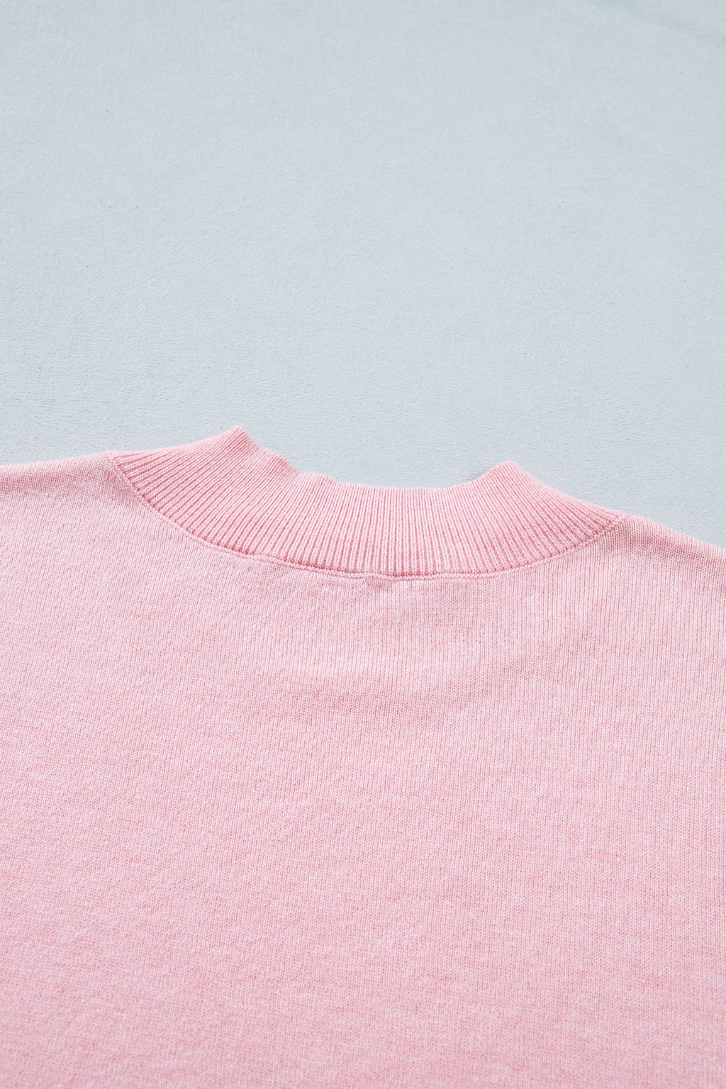 Pink Stand Neck Contrast Wavy Trim Short Sleeve Sweater