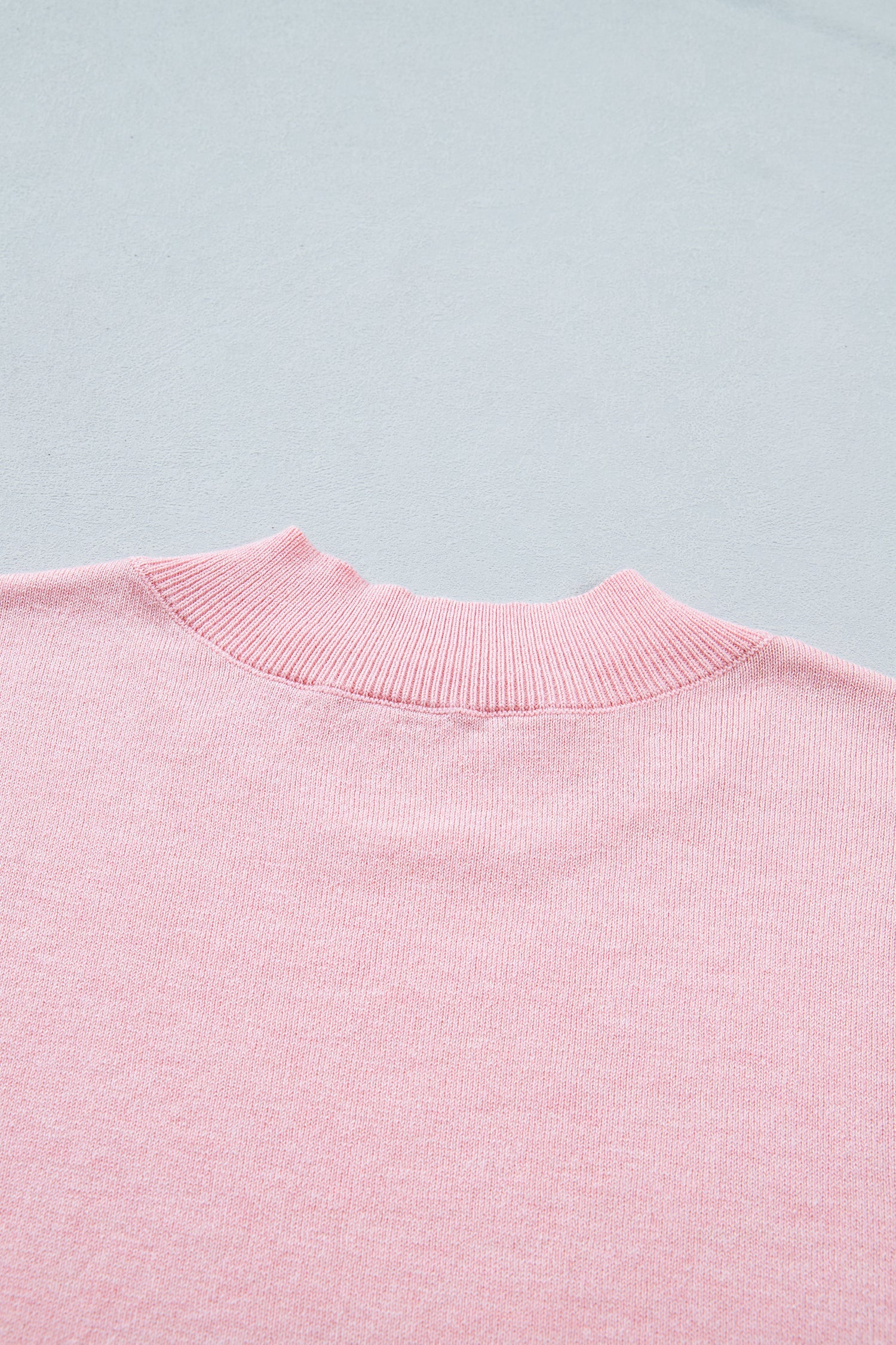 Pink Stand Neck Contrast Wavy Trim Short Sleeve Sweater