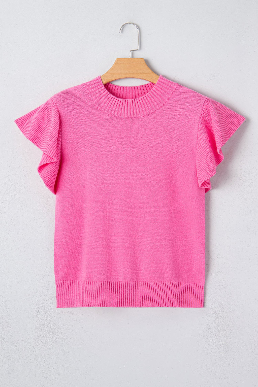 Solid Ruffle Sleeve Round Neck Ribbed Sweater