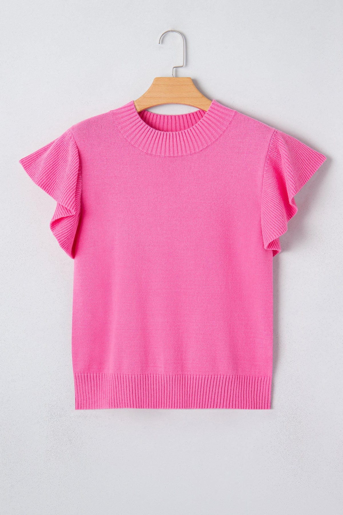 Solid Ruffle Sleeve Round Neck Ribbed Sweater