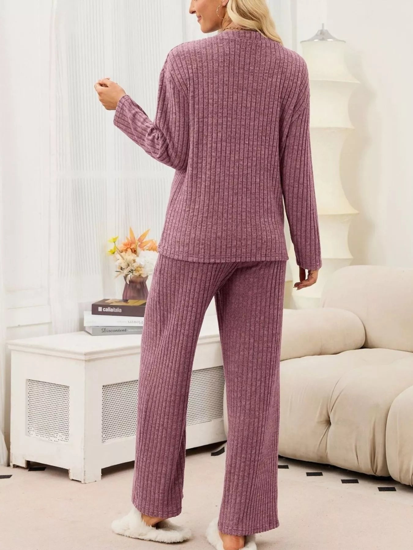 Ribbed Knit Top and Wide-Leg Pants Set