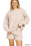 Ribbed Round Neck Pullover and Shorts Set in Sand Beige