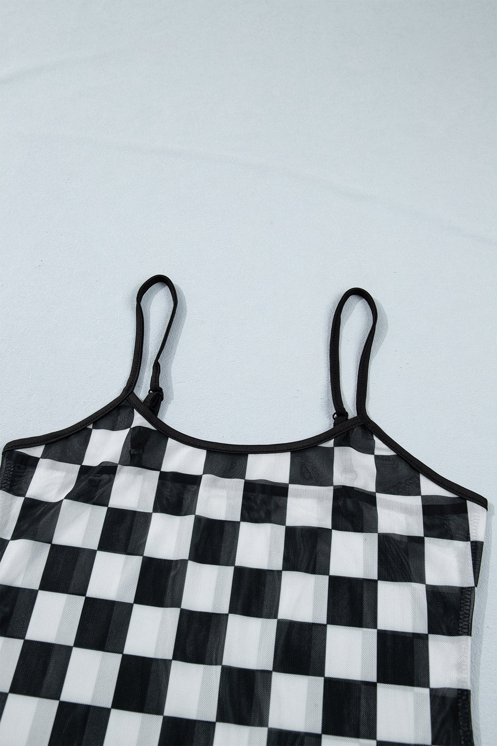 Black Sheer Checkered Print Spaghetti Straps Slim Tank Top