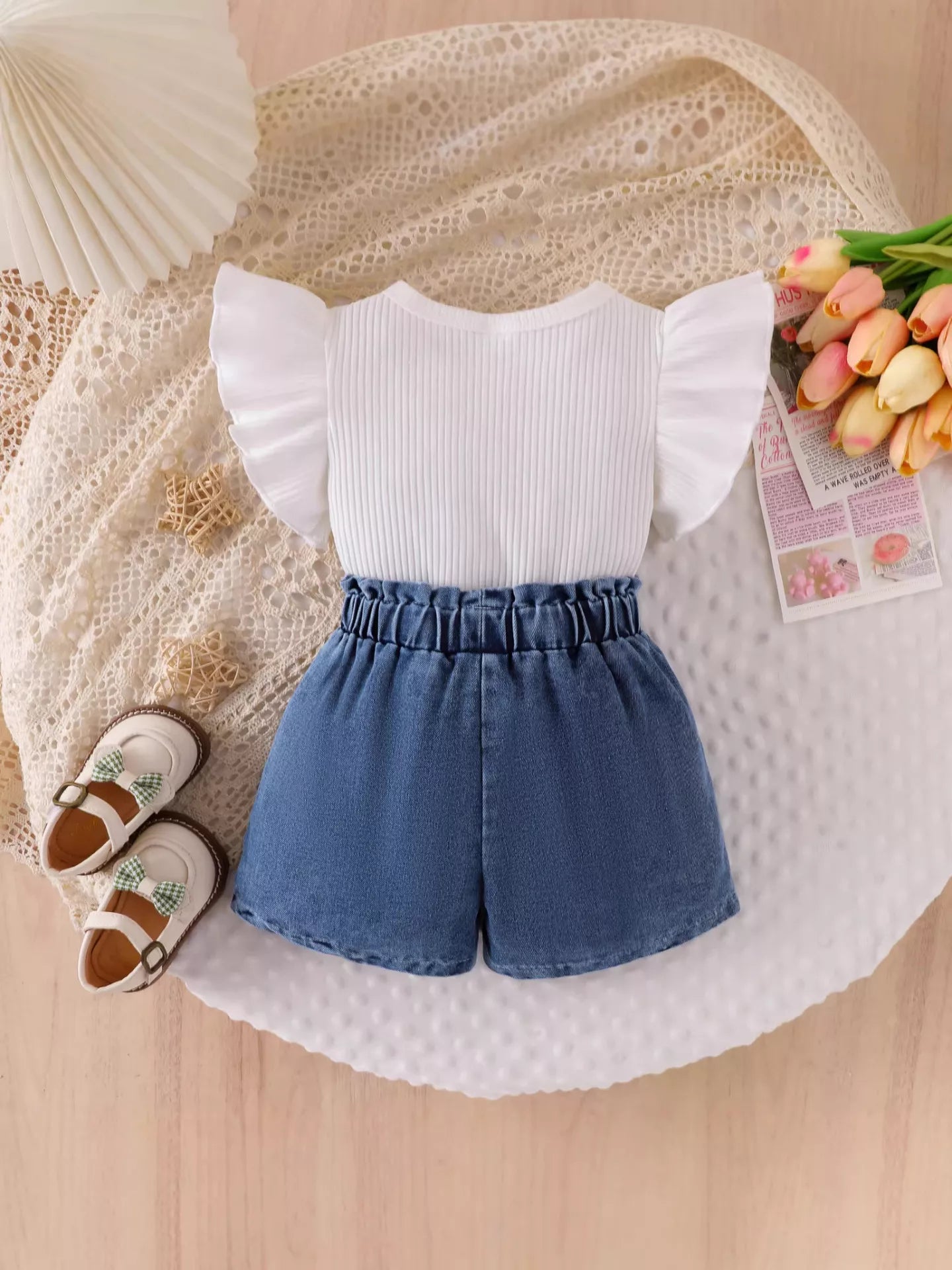 Children's Ruffled Flower Top and Denim Shorts Set