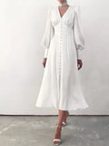 Elegant V-Neck Puff Sleeve Button-Down Midi Dress
