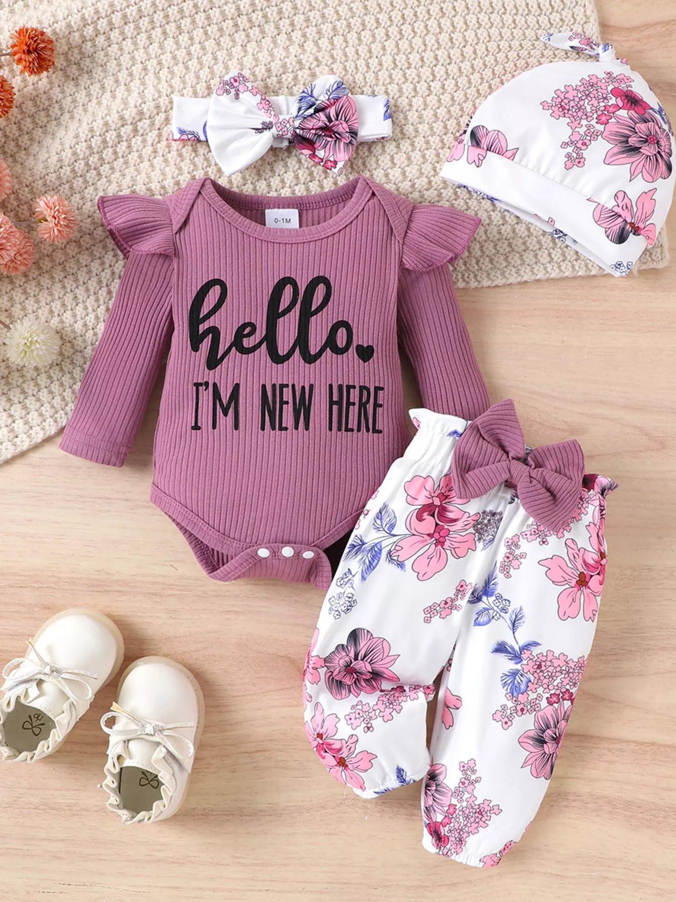 Children's Letter Ribbed Bodysuit and Pants Set with Headband & Hat
