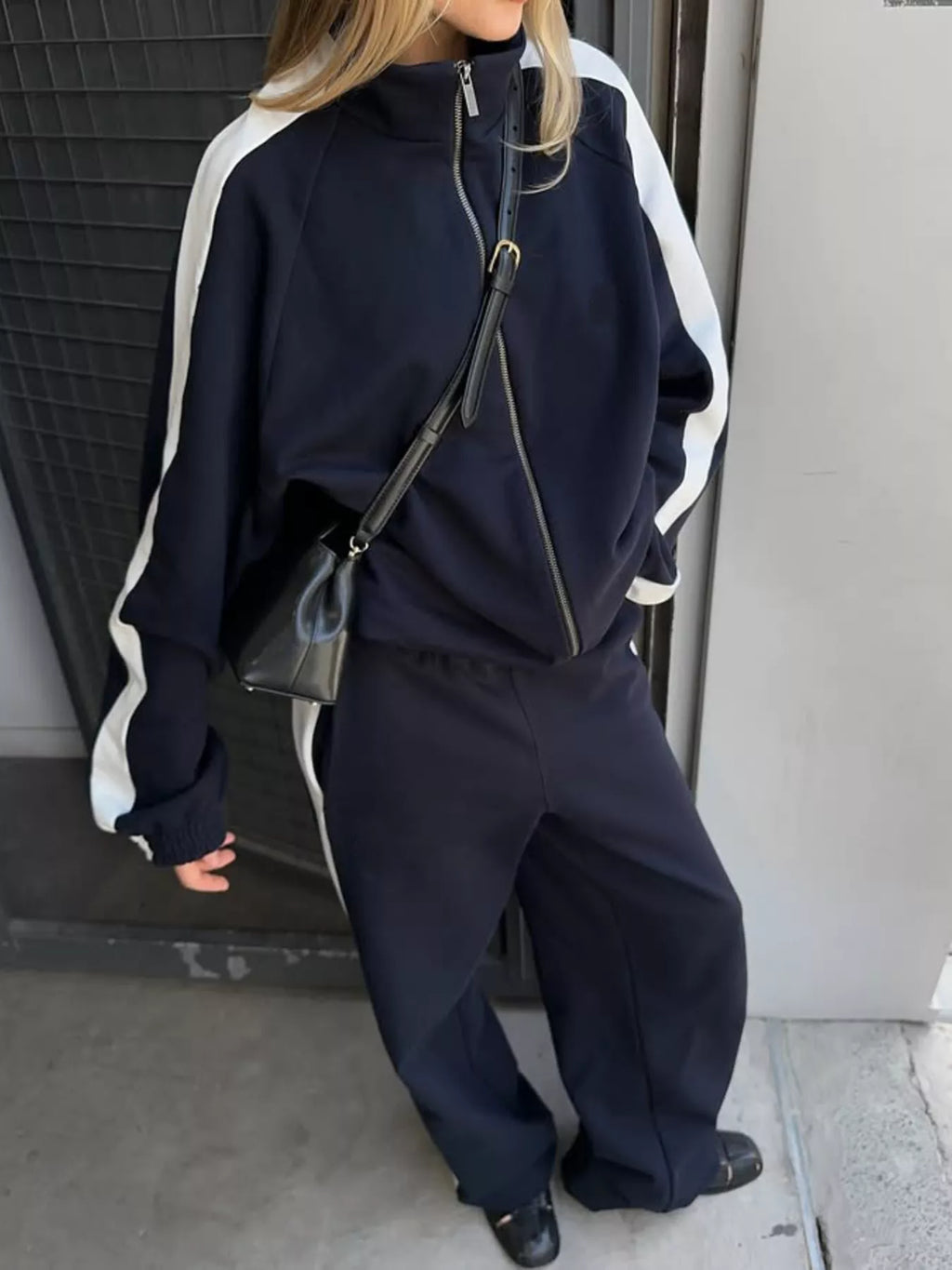 Contrast Side Stripe Zip Up Top and Pants Set