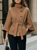 Button Down Cape Coat with Belted Waist