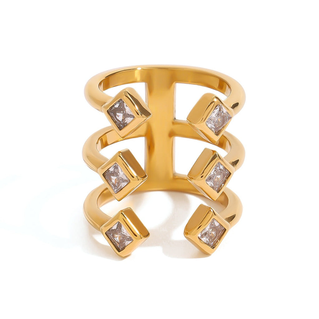 18K gold diamond-shaped gemstone-inlaid ring with exaggerated personality