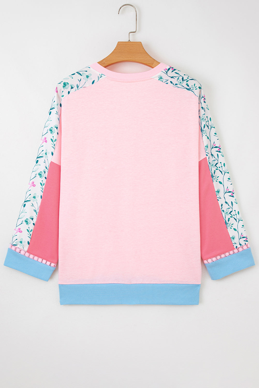 Light Pink Floral Colorblock Patchwork Chest Pocket Notched Neck Long Sleeve Top