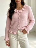 Soft Fuzzy Cardigan with Ruffled Collar and Pearl Buttons