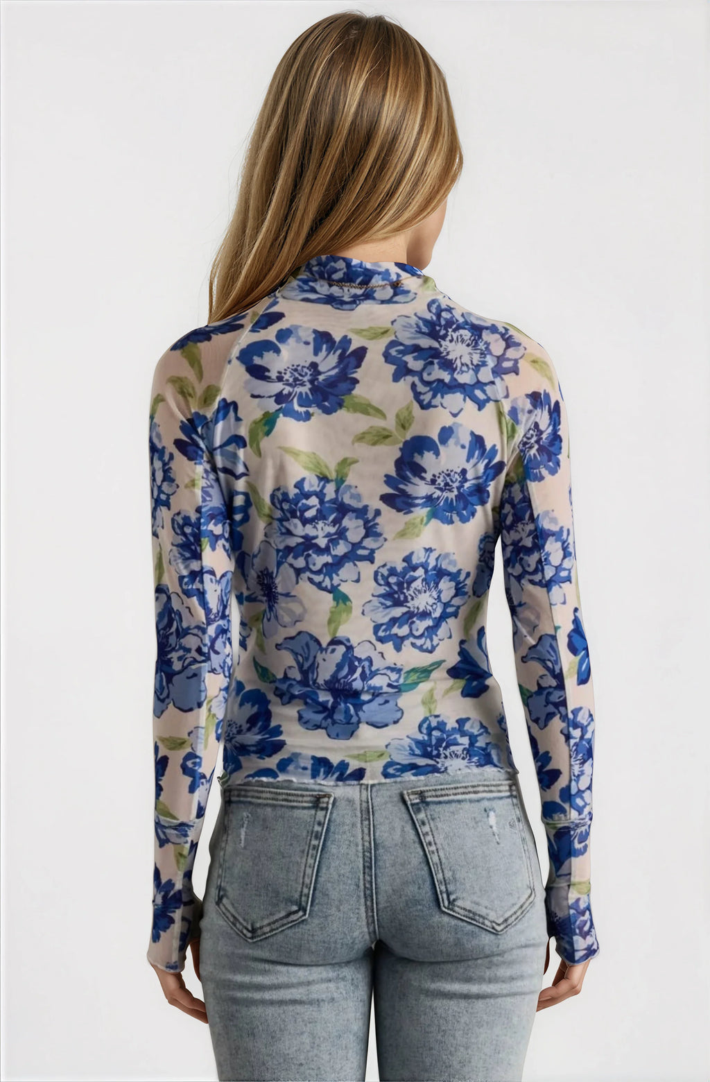Blue, White & Green Floral Mesh Top