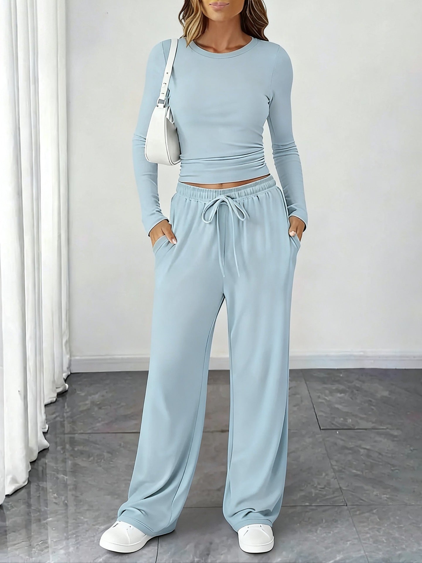 Amazon 2025 New European And American Style Slimming Waist-Cinching Fashionable Casual Suit Sports Yoga Spring And Summer Round Neck Long-Sleeved Women's Clothing