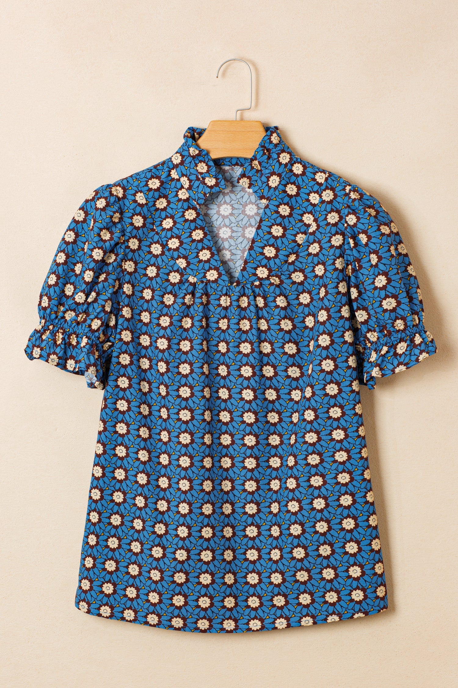 Sky Blue Retro Floral Print V Neck Pleated Detail Short Puff Sleeve Blouse