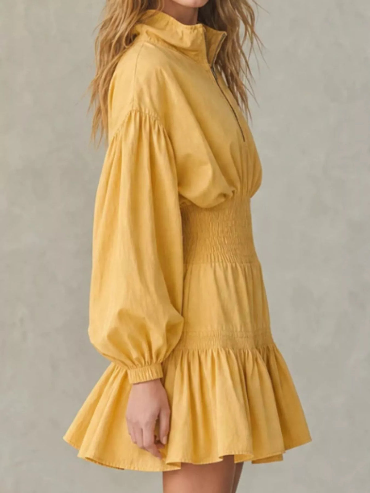 Quarter-Zip Smocked Waist Mini Dress