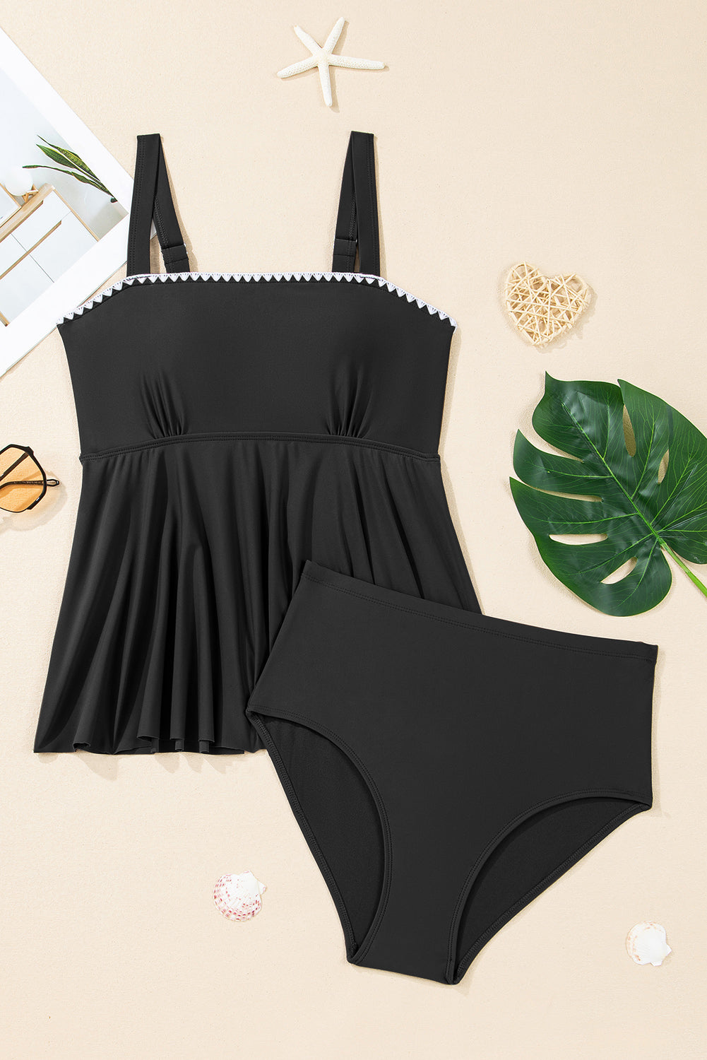 Black Spaghetti Straps Contrasted Ricrac Trim Flared Tankini 2pcs Swimsuit