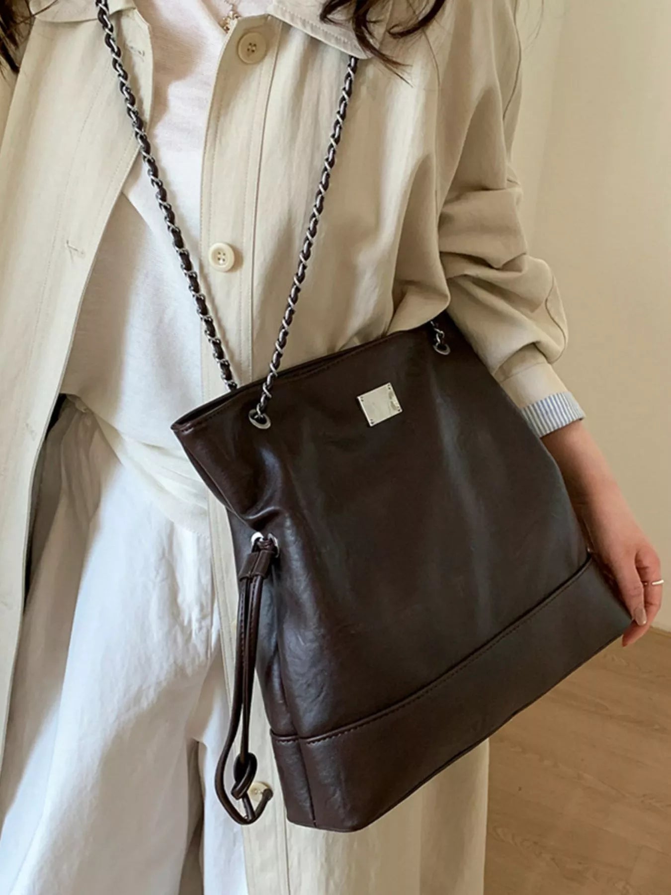 Chain Strap Faux Leather Tote Bag