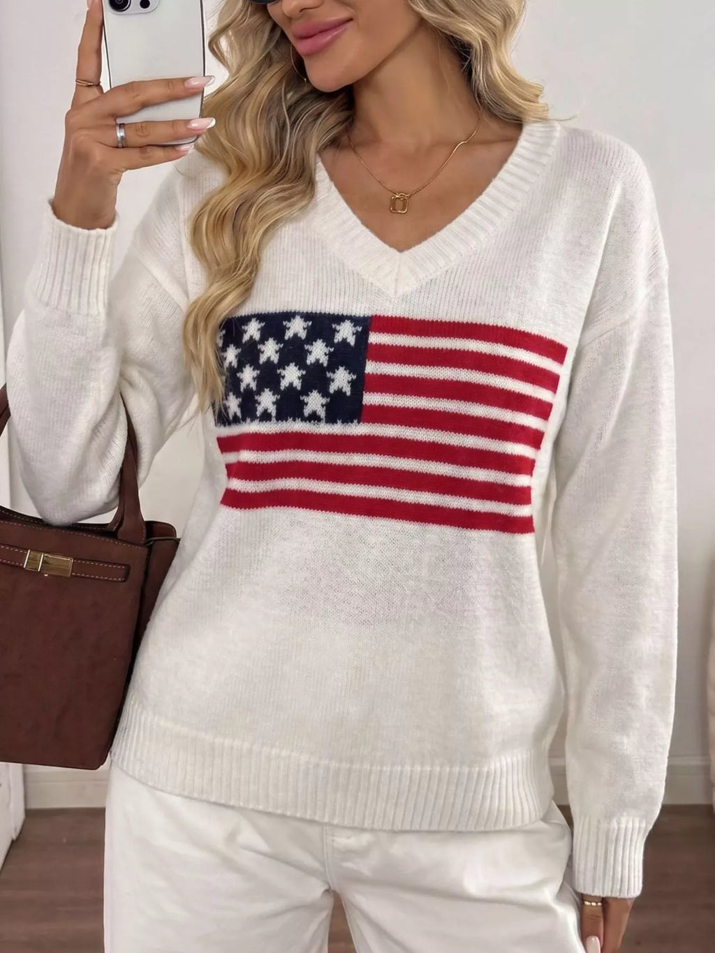 American Flag V-Neck Knit Top
