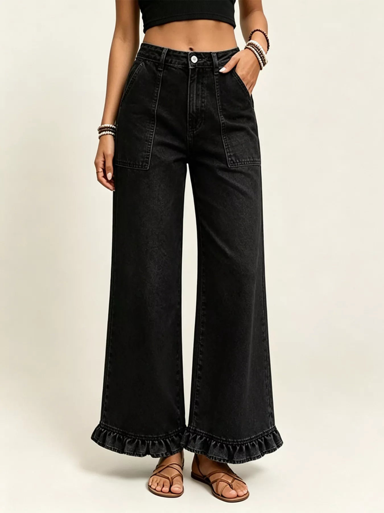 High-Waisted Wide-Leg Ruffle Hem Jeans